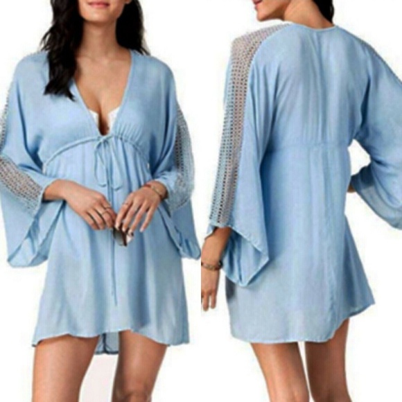 (NWD) Raviya Crochet Sleeve Tie Waist Swimsuit Cover-Up, Chambray Size Medium - Picture 1 of 10